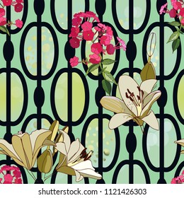 Trendy floral seamless pattern for wallpaper or fabric. Lilies, phlox and graphic ornament. 