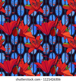 Trendy floral seamless pattern for wallpaper or fabric. Lilies, phlox and graphic ornament. 