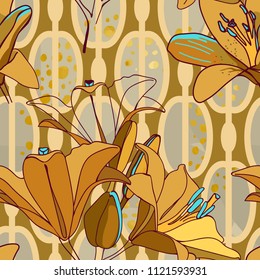 Trendy floral seamless pattern for wallpaper or fabric. Lilies, phlox and graphic ornament. Complementary kit, combination of patterns