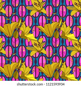 Trendy floral seamless pattern for wallpaper or fabric. Lilies, phlox and graphic ornament. 