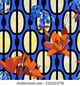 Trendy floral seamless pattern for wallpaper or fabric. Lilies, phlox and graphic ornament. 