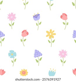 Trendy floral seamless pattern.Vintage style flower background. Colorful pastel groovy background. Y2k nature backgrounds with spring plants. Abstract floral design.Aesthetic pattern, wallpaper, cover