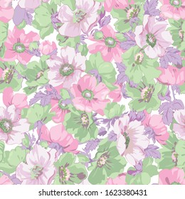 Trendy floral seamless print on a white background. Trend colors - soft pink, light green and purple. Vector print