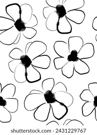 Trendy Floral Seamless Vector Pattern. Black Hand Drawn Ink Flowers on a White Background. Repeatable Design with Abstract Infantile Drawing-like Wild Flowers. Blooming Garden Print ideal for Fabric.