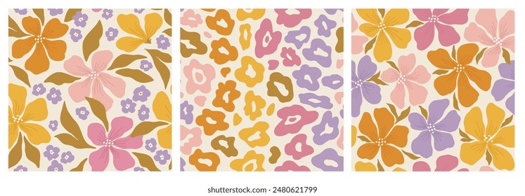 Trendy floral set of seamless pattern illustration. Vintage 70s style hippie flower background design. Colorful pastel color artwork, nature backdrop with spring