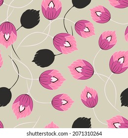 Trendy floral template. Simple vector texture with  hand drawn bright pink flowers on a beige background. Modern painting in doodle style. Repeated design for textile and print