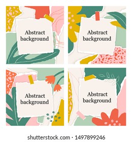 Trendy floral template with torn paper pieces in pastel color for social networks stories, sale posts. Paper cut collage design. Social media hand drawn banners. Fashion vector Illustration.