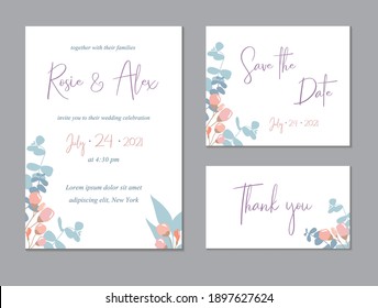 Trendy floral thank you, rsvp modern card.Wedding Invitation, modern card Design. Save the Date Card Templates Set with Eucalyptus leaves, Decorative Floral and Herbs Element.. Vector elegant template