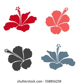 Trendy floral vector collection with four pink and red hibiscus flowers.