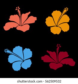 Trendy floral vector collection with four yellow, red and orange hibiscus flowers.