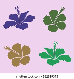 Trendy floral vector collection with four green and violet hibiscus flowers.