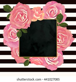 Trendy floral vector frame template. Paint textured botanic illustration. Watercolor cream and pink rose flowers with green leaves on striped texture and black velvet backdrop. 