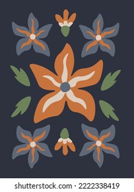 Trendy floral vector greeting card. Simple botany vector illustration with liquid flowers blossoms and leaves on dark background for poster, banner, decoration