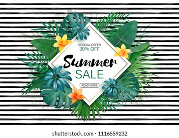 Trendy floral vector template. Summer flowers and "Summer sale" lettering illustration. Tropical leaves and exotic flowers texture on striped background.