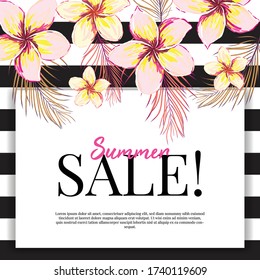 Plantilla de vector floral de moda. Ilustración de flores de verano. Hojas tropicales y textura de flores exóticas sobre fondo rayado.