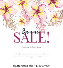 Plantilla de vector floral de moda. Ilustración de flores de verano. Hojas tropicales y textura de flores exóticas sobre fondo rayado.