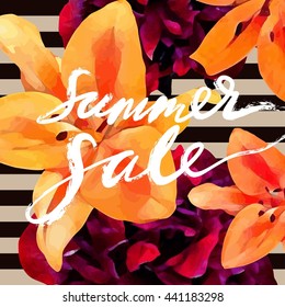Trendy floral vector template. Summer flowers  and "Summer sale" lettering  illustration. Shabby gold texture on striped background. Yellow and orange lilies and black peonies backdrop.