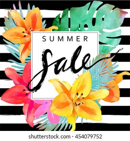 Trendy floral vector template. Summer flowers  and "Summer sale" lettering  illustration. Tropical leaves and exotic flowers texture on striped background. 