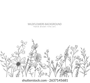 Trendy floral wildflowers and leaves line art illustration. Botanical Line Art Collection of wildflowers. Hand drawn line art graphics. Luxury Fine Line Floral Art. Perfect for Elegant wedding invite 