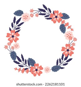 Trendy floral wreath. Cute isolated round frame with vector flowers, leaves, twigs and branches. Natural organic decorative template for wedding, greeting card, birthday, poster