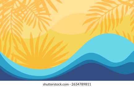 Trendy floral yellow blue wave summer tropical background with orange tropical palm leaves. Minimal sea beach creative flat design. Vector illustration with place for text