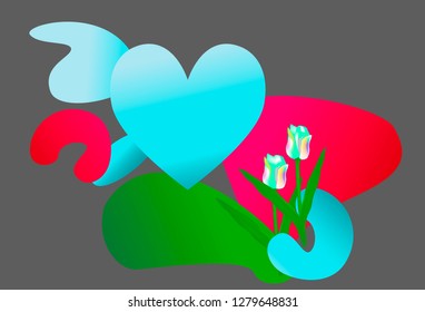 Trendy flow background with acid colors, turquiouse heart shape, tulips for modern poster design, valentines day greeting card, party flyer