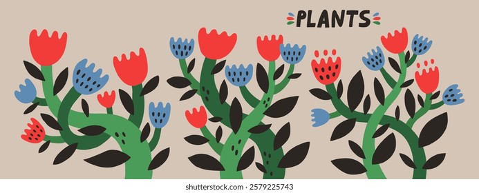 Trendy flower set. Blossom botanical hand-drawn elements. Modern floral vector illustration.