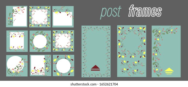 Trendy Flower Template For Social Networks Stories And Posts, Vector Illustration. Set Of Story And Post Square Frame. Mockup For Advertising. Design Backgrounds For Social Media.Set Flowers Frames 