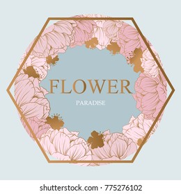 Trendy Flower Vector Design. Pastel peony with golden abstract background.