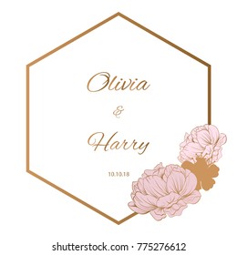 Trendy Flower Vector Design. Pastel peony with golden flowers background. EPS10