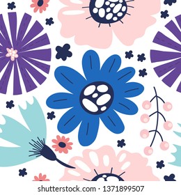 Trendy flowers and leaves seamless pattern for your design. Sketch for wrapping paper, floral textile, background fill, fabric. 