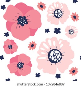Trendy flowers and leaves seamless pattern for your design. Sketch for wrapping paper, floral textile, background fill, fabric. 