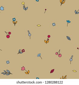Trendy flowery pattern. Seamless floral background for wrapping, textile, wallpaper, paper. Vector frourish texture. Cute kraft design. Simple flowers.