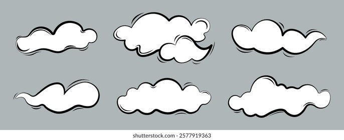 Trendy fluffy bubbles white clouds cute icon weather, cartoon, Isolated on background. Vector illustration