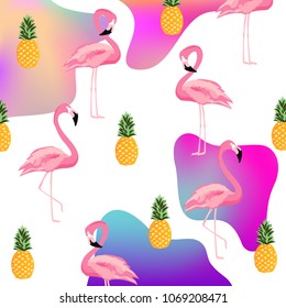 Trendy fluid flamingo and pineapple seamless pattern background. Summer tropical poster design. Wallpaper, fabric, textile, wrapping paper vector illustration design