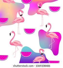 Trendy fluid flamingo and watermelon seamless pattern background. Summer tropical poster design. Wallpaper, fabric, textile, wrapping paper vector illustration design