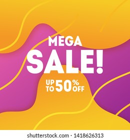 Trendy fluid line discount banner template. Mega sale up to 50% off. Bright dynamic waves for social post or web design