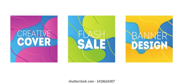 Trendy fluid line sale banner template set. Dynamic waves and lines for discount social post or web design