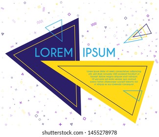 Trendy flying triangles geometric banner vector design. Poster or flyer template with geometric confetti - triangles, circles, squares, cross, zigzag shapes. Banner graphic design with text place.