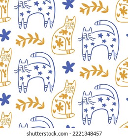 Trendy Folk art Cats Seamless Pattern. Hand drawn retro style ornamental cats with floral shapes background texture. Mid Century Minimalistic Art Deco print. Vintage repeating design.
