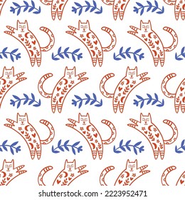 Trendy Folk art Cats Seamless Pattern. Hand drawn retro style ornamental cats with floral shapes background texture. Mid Century Minimalistic Art Deco print. Vintage repeating design.