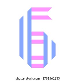Trendy font, alphabet from paper tape, number six folded from two stripes