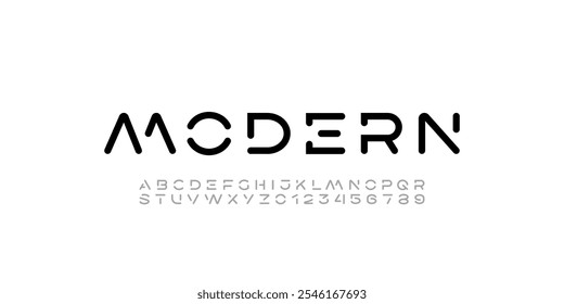 Trendy Schriftart, digitale Cyber-Alphabet Sport Stil, Buchstaben A, B, C, D, E, F, G, H, I, J, K, L, M, N, O, P, Q, R, S, T, U, V, W, X, Y, Z und Ziffern 0, 1, 2, 3, 4, 5, 6, 7, 8, 9.