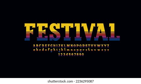 Trendy font, slab serif alphabet, retro colored uppercase and lowercase latin letters and numbers made in striped style, vector illustration 10EPS