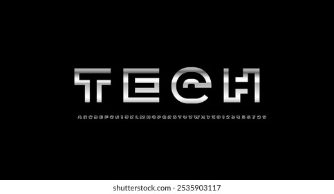 Alfabeto cromado de tecnología tipográfica de moda, letras plateadas de la A a la Z y números del 0 al 9, Ilustración vectorial 10EPS.