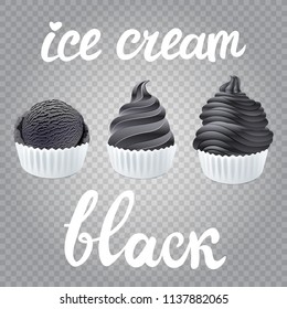Trendy food. Black vector Set of Ice cream scoops poster design with creme Fresh Frozen dark popsicle isolated on transparent background art