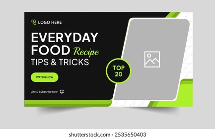 Trendy food recipe tips and tricks video thumbnail banner template design, daily food recipe techniques video cover banner template design, fully customizable vector eps 10 file format