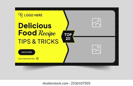 Trendy food recipe tips and tricks video cover banner template design, food recipe techniques video thumbnail banner design, fully customizable vector eps 10 file format