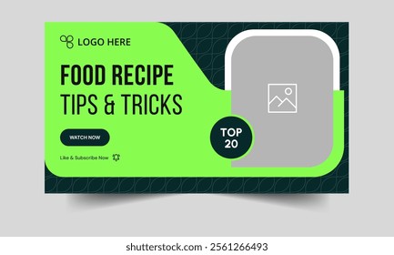 Trendy food recipe tips and tricks video cover banner design, food review techniques video thumbnail banner design, fully editable vector eps 10 file format