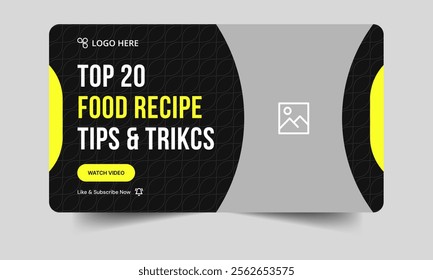 Trendy food recipe tips and tricks video thumbnail banner design, daily delicious food recipe techniques video cover banner design, fully editable vector eps 10 file format